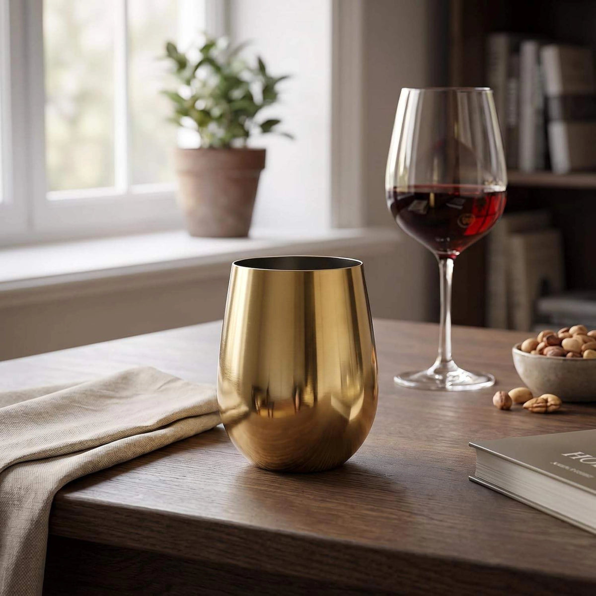 A shiny gold stemless wine glass with a rounded, bulbous shape sits on a wooden table in a cozy, softly lit room. A glass of red wine, a book, and a small bowl of nuts are visible in the background near a window.