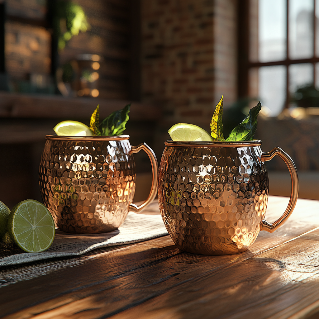 Two hammered copper Moscow mule mugs filled with a cocktail, garnished with lime slices and mint leaves, set on a wooden table in a warm, rustic interior.