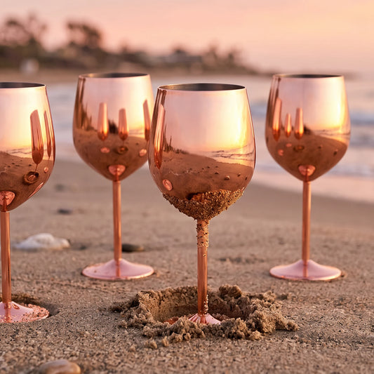 Four rose gold wine glasses with a unique design where the base of each glass is shaped like a small foot, standing in sand on a beach at sunset.