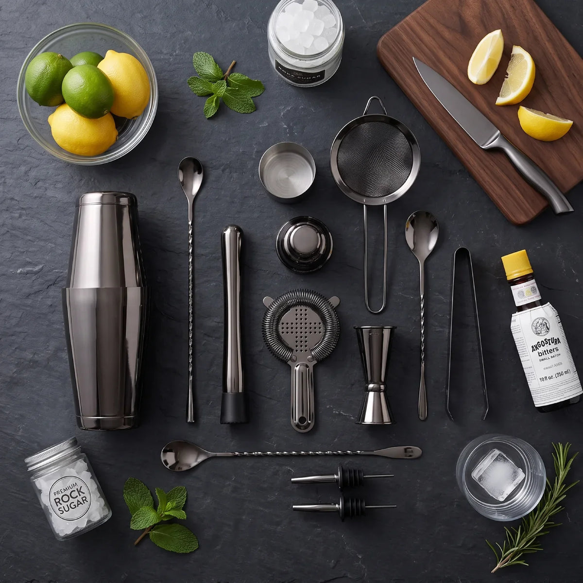 A professional bar tool set arranged in a flat-lay on a dark slate background, including a stainless steel cocktail shaker, strainer, jigger, muddler, bar spoon, mixing spoons, tongs, and a bottle of Jägerbitter.