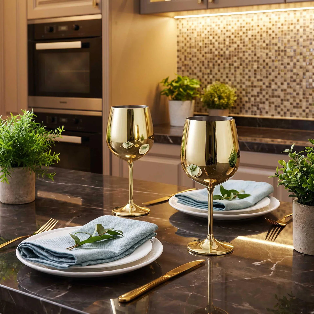 Gold stainless steel wine glasses styled on a dark marble kitchen island