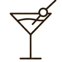 A minimalist brown line icon of a martini glass with an olive on a white background.