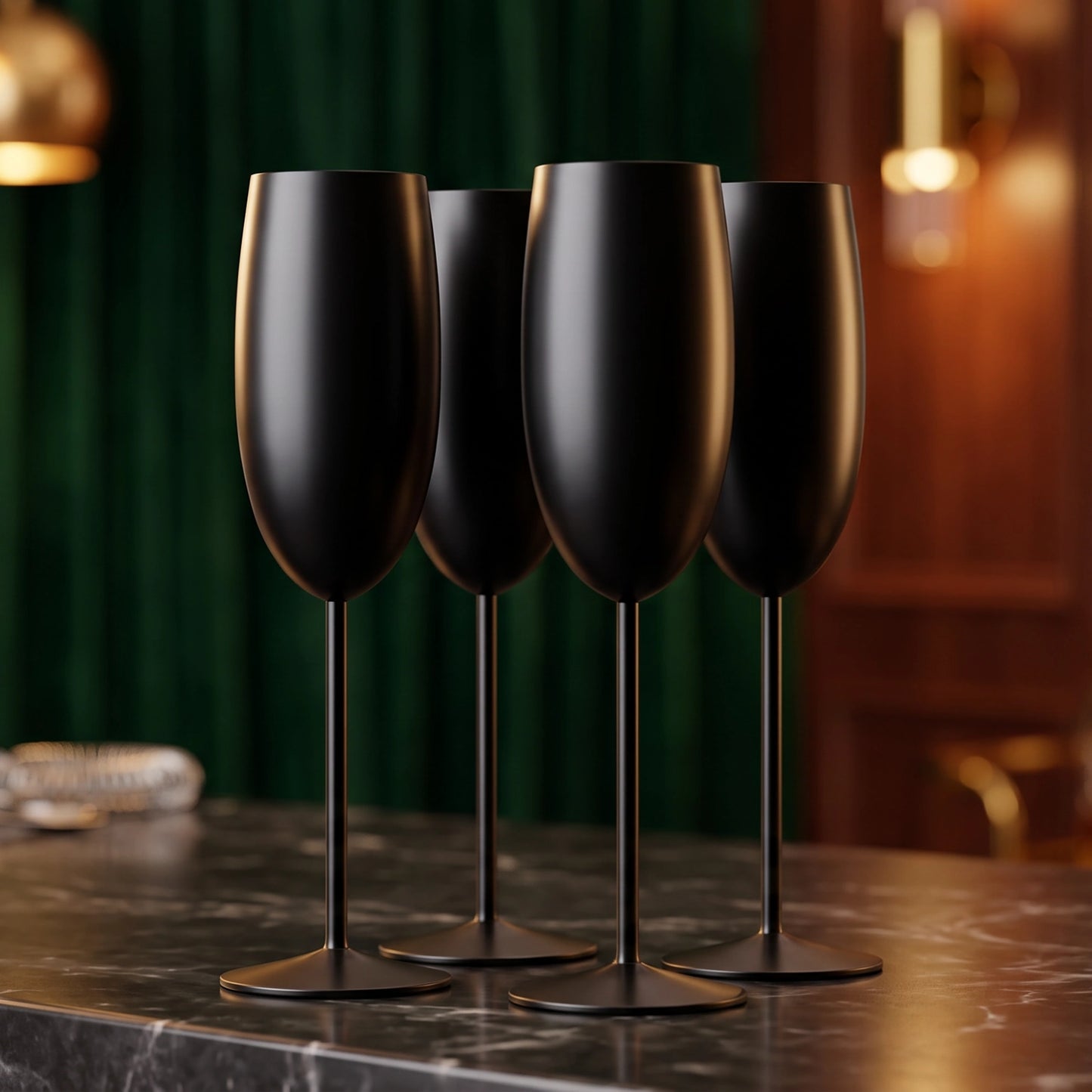 Four matte black champagne flutes arranged on a dark marble countertop with a blurred green curtain and warm interior background.