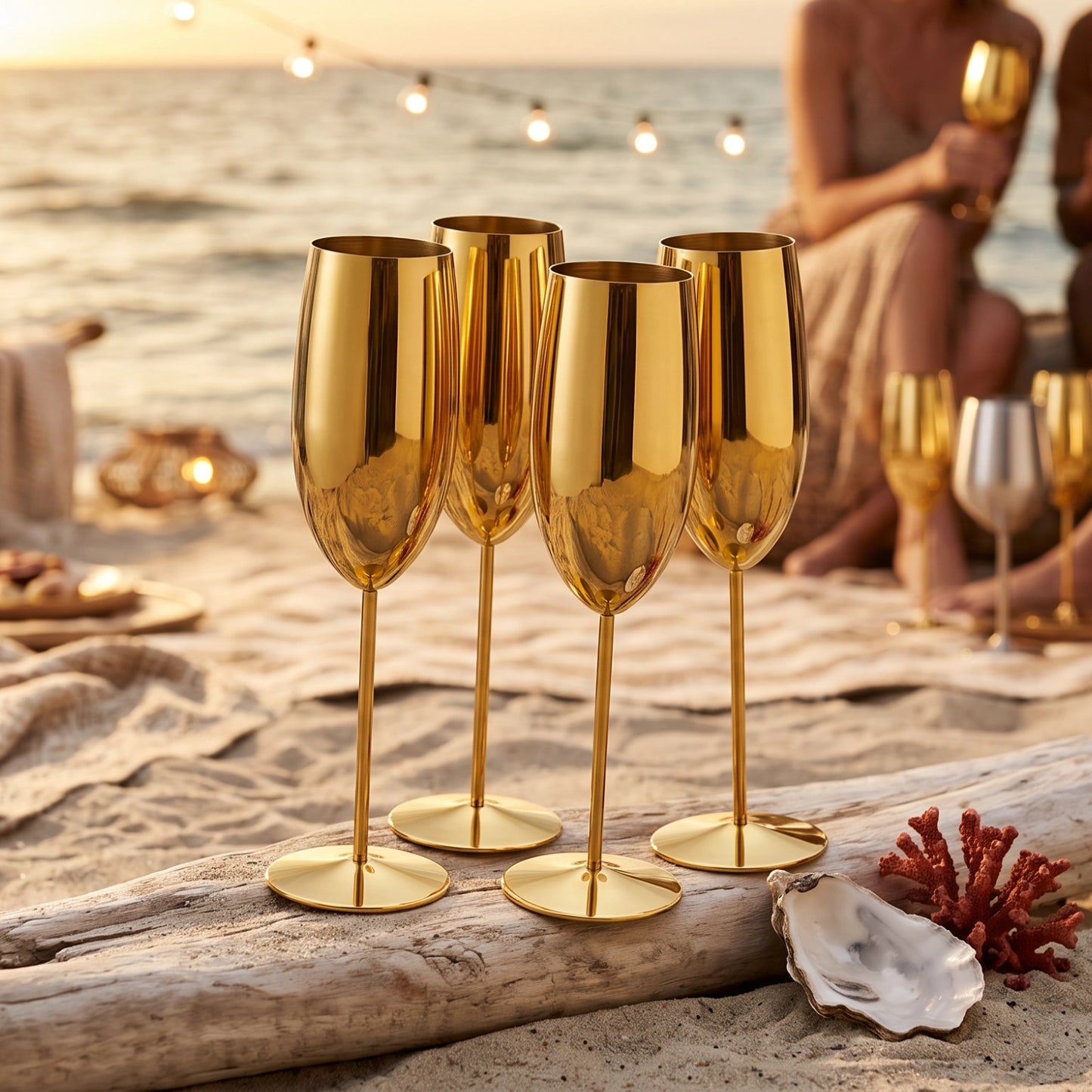 Four shiny gold champagne flutes arranged on a beach log with sand, shells, and a softly blurred seaside setting in the background.
