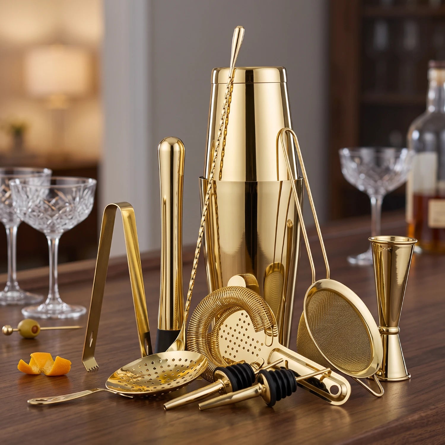 A gold cocktail bar tool set arranged on a wooden table, including a shaker, strainer, jigger, tongs, muddler, and bar spoons, with cocktail glasses and a bottle blurred in the background.