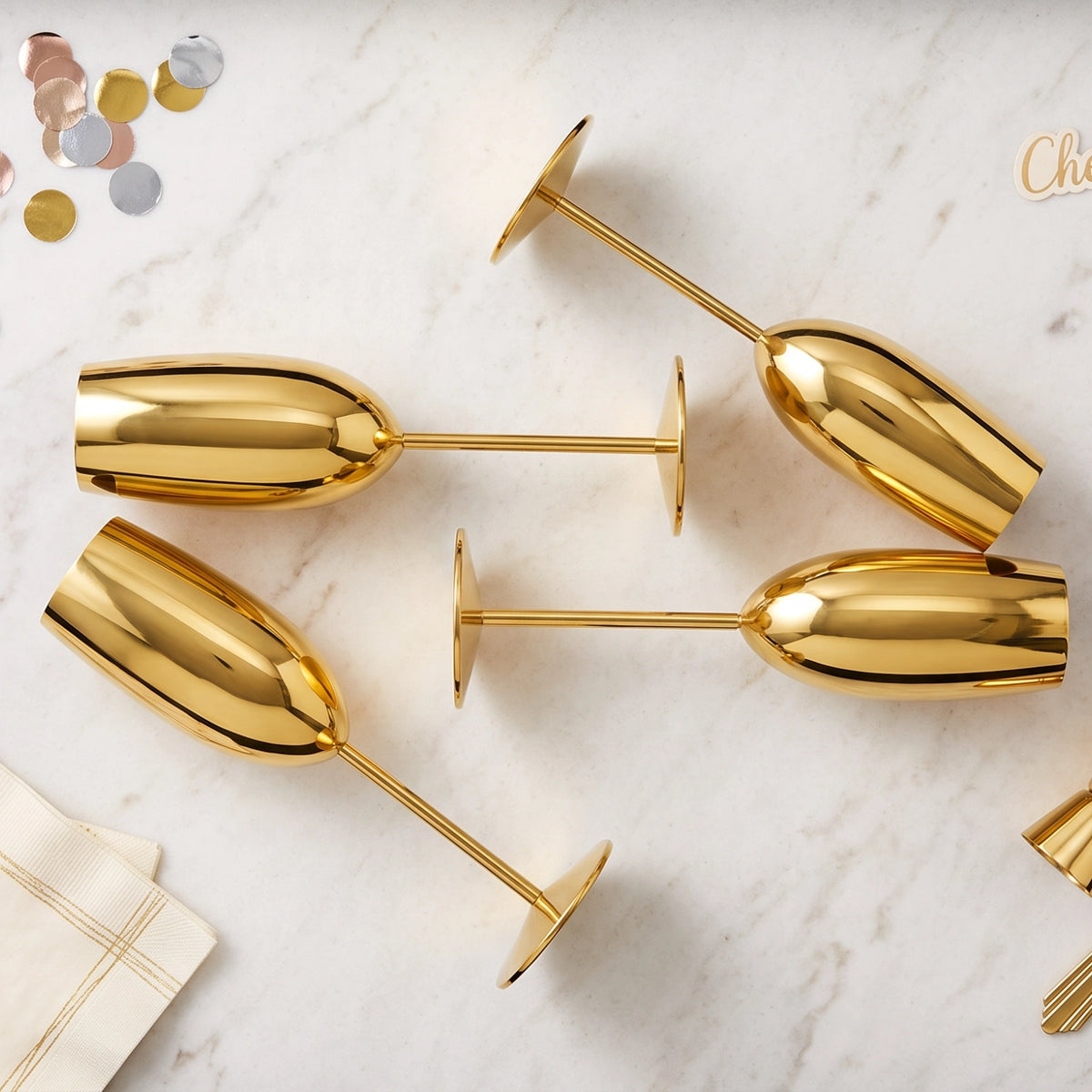 Four shiny gold champagne flutes arranged on a white marble surface with small confetti and napkins nearby.