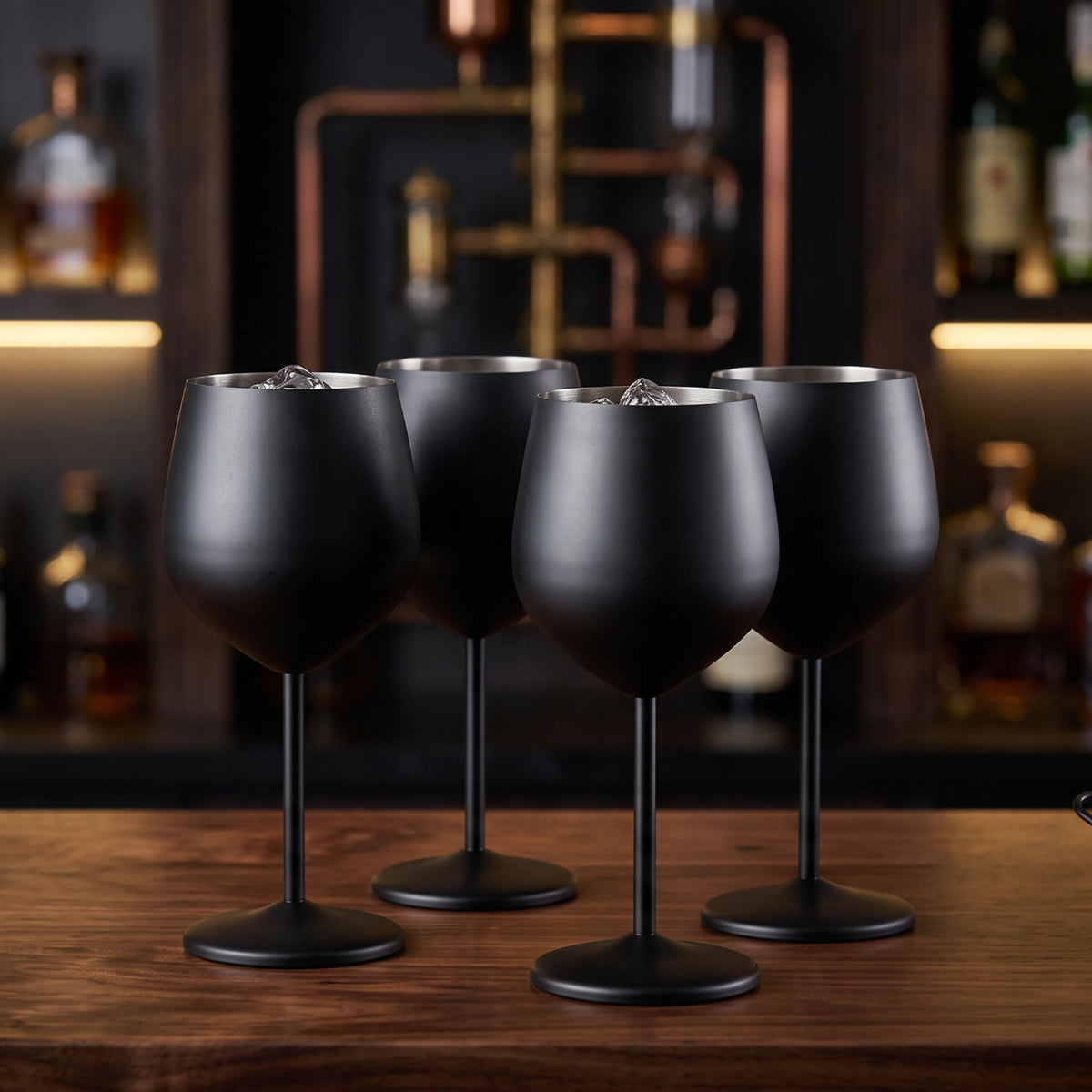 Four matte black stemless wine glasses arranged on a wooden bar counter, with a blurred bar shelf of liquor bottles in the background.