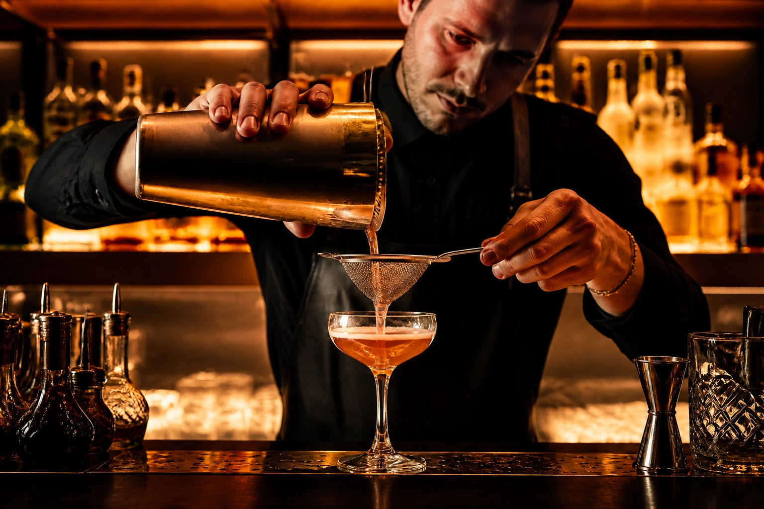 A bartender in a black uniform pours an amber-colored cocktail from a metal shaker into a coupe glass with a strainer, set against a warmly lit bar background with blurred bottles.