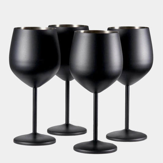 Four matte black wine glasses arranged together on a light gray background.
