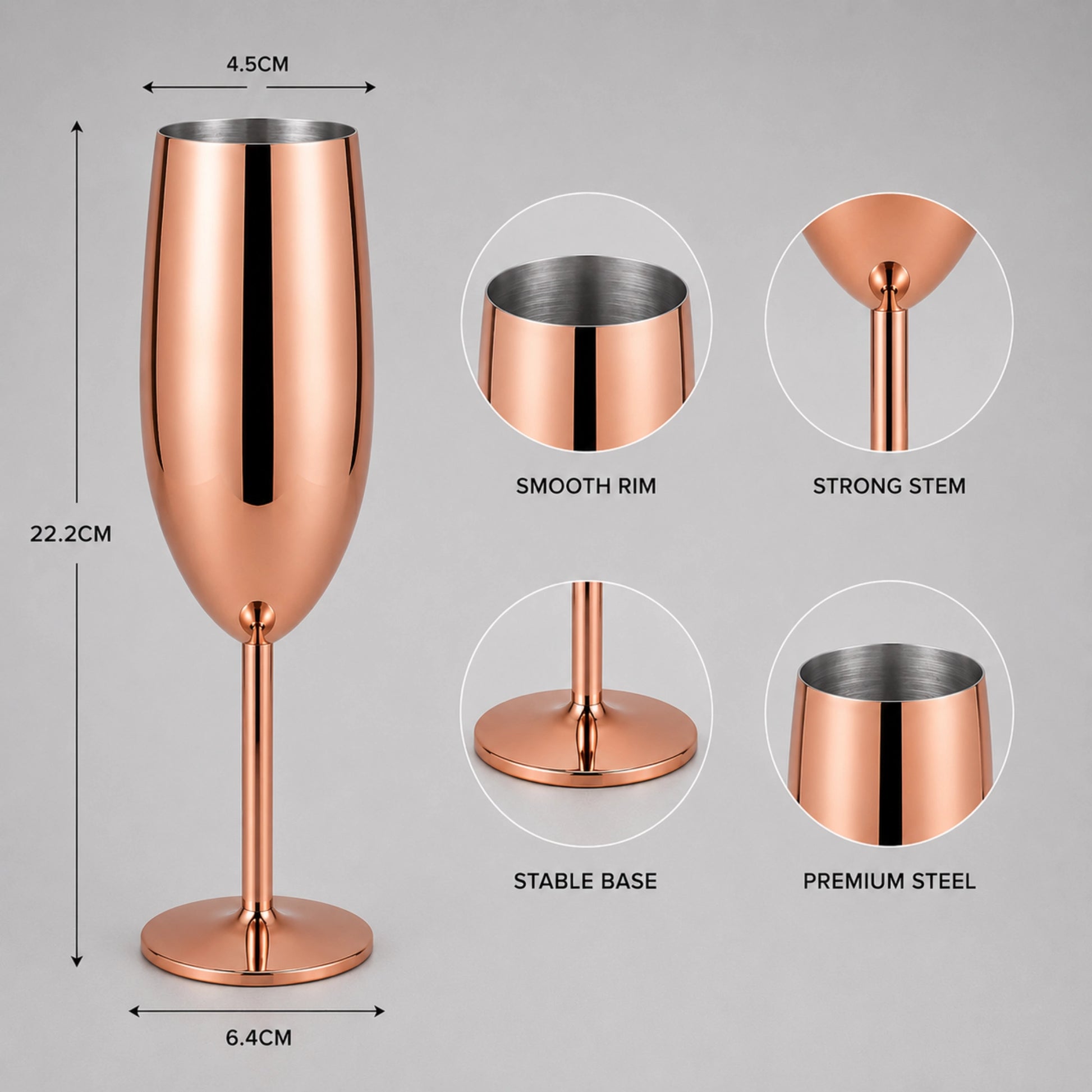 Rose gold champagne flute with dimension annotations (22.2CM height, 4.