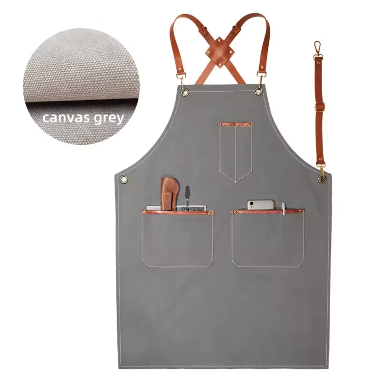 A gray canvas apron with brown leather straps and trim, featuring two front pockets and a top hanging loop. A circular inset shows a close-up of the canvas texture labeled 'canvas grey'.