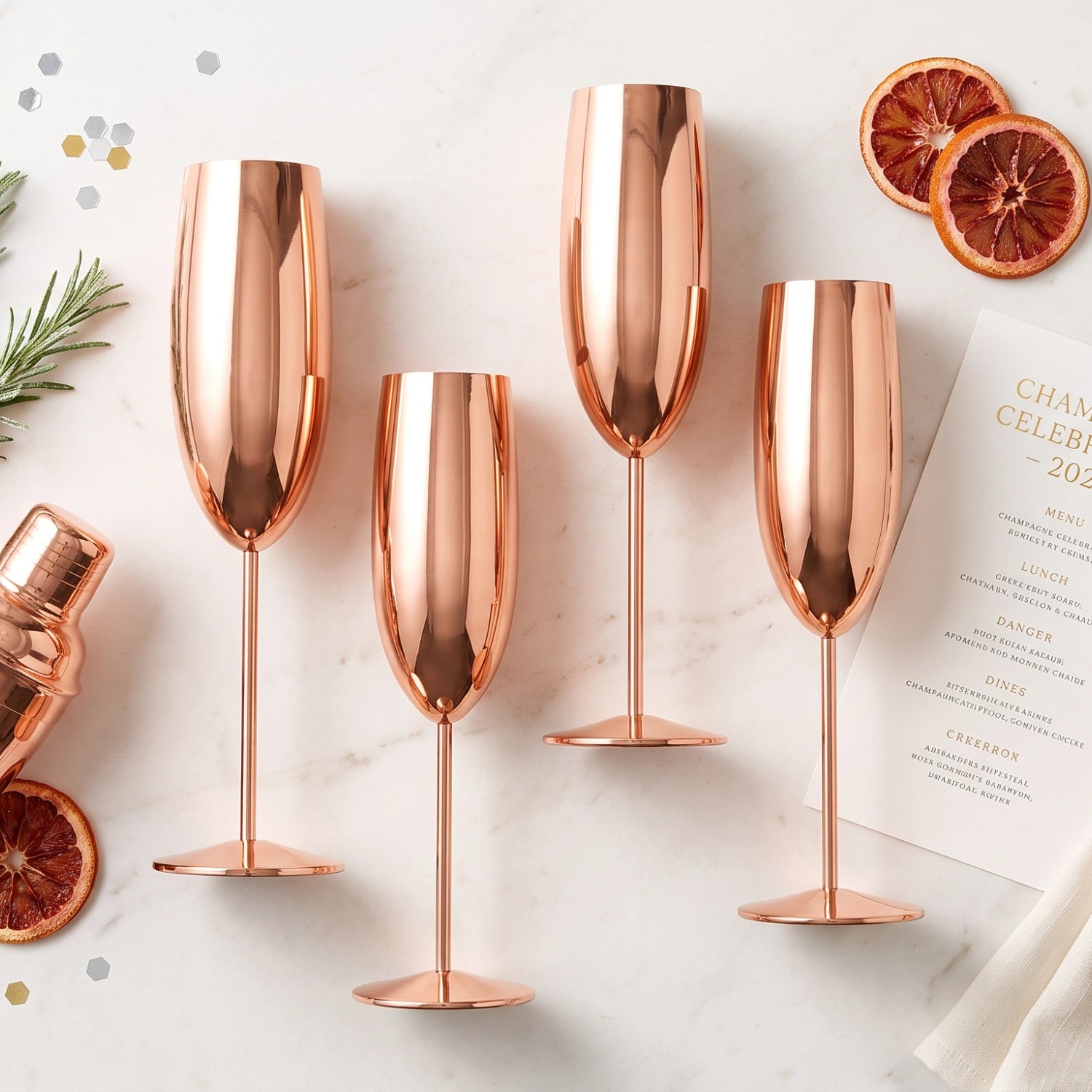 Four rose gold champagne flutes arranged on a white marble surface with decorative dried orange slices, a cocktail shaker, and a menu card.