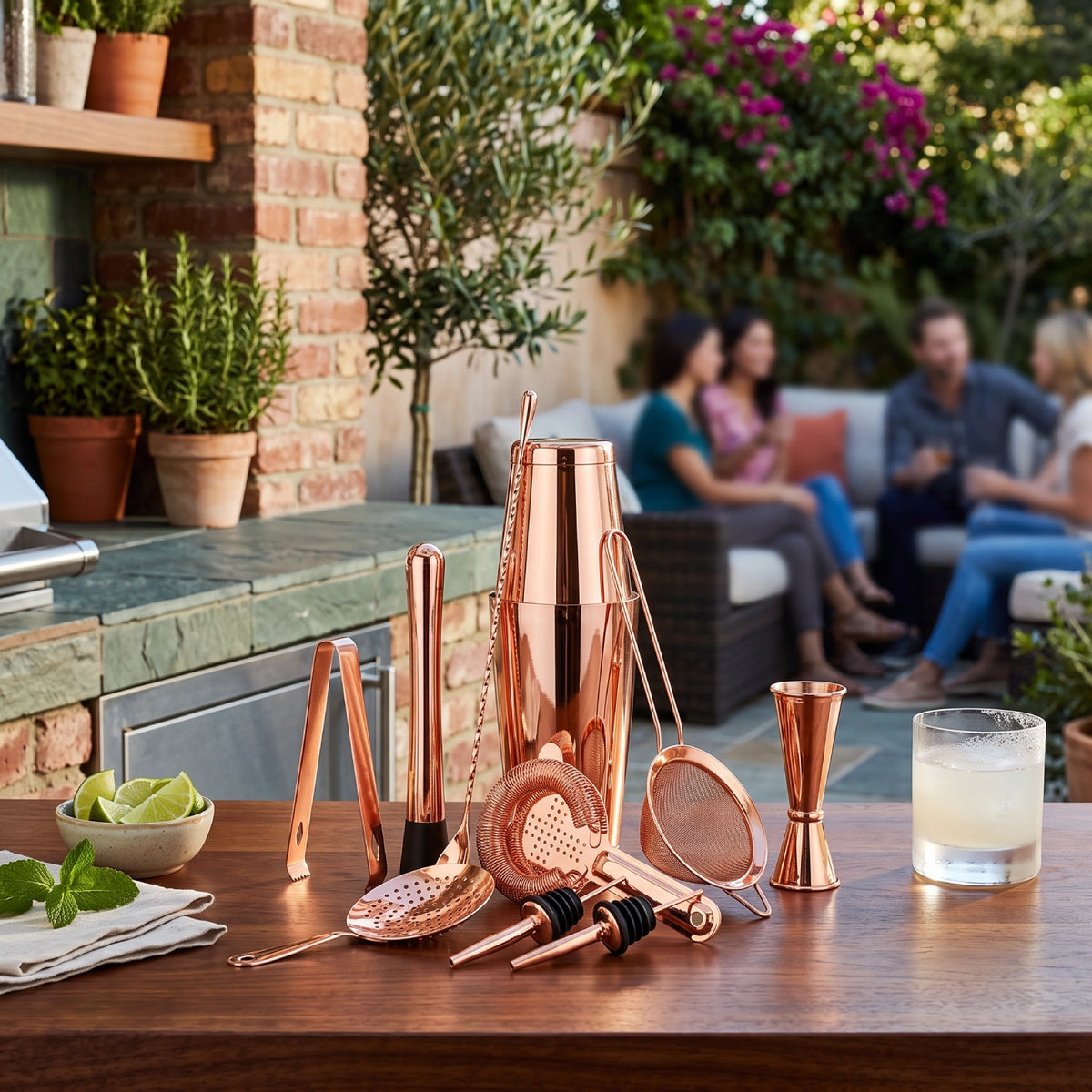 A copper cocktail mixing set arranged on a wooden table in an outdoor patio setting, with a shaker, jigger, strainer, muddler, and other bar tools. A blurred group of people sits on a couch in the background.