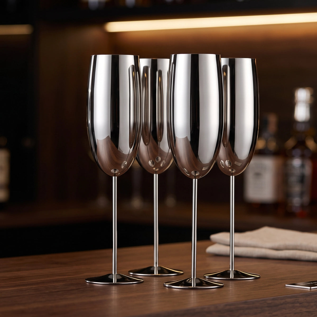Four polished stainless steel wine glasses with long stems and circular bases, arranged together on a wooden table in a dimly lit bar or kitchen setting.