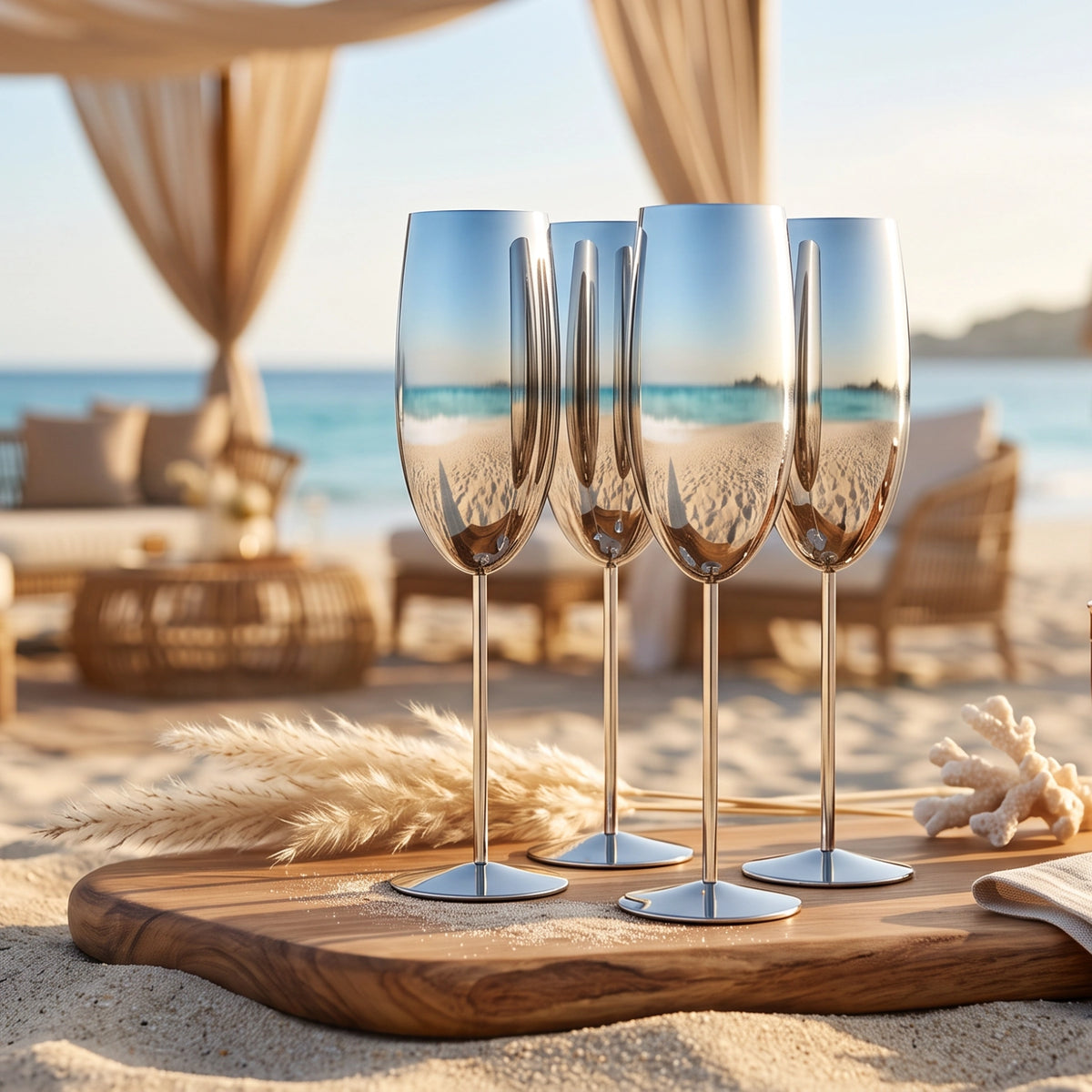 Four tall champagne flutes with a reflective silver finish, standing on a wooden board on a sandy beach with a beach cabana and ocean in the background.