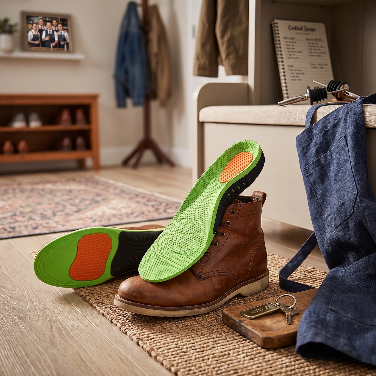 A pair of brown leather ankle boots displayed in a home entryway setting, with one boot standing upright and the other lying on its side to show the bright green and orange insole. A navy blue apron, keys, and a coat rack are visible in the background.