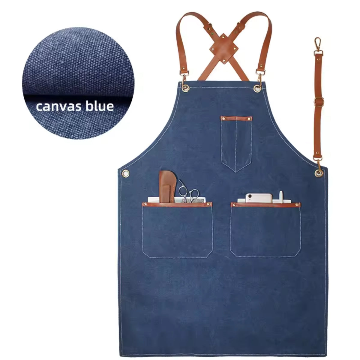 A canvas work apron in a textured blue fabric with brown leather straps and trim, featuring two front pockets and a small circular inset showing a close-up of the canvas texture labeled 'canvas blue'.