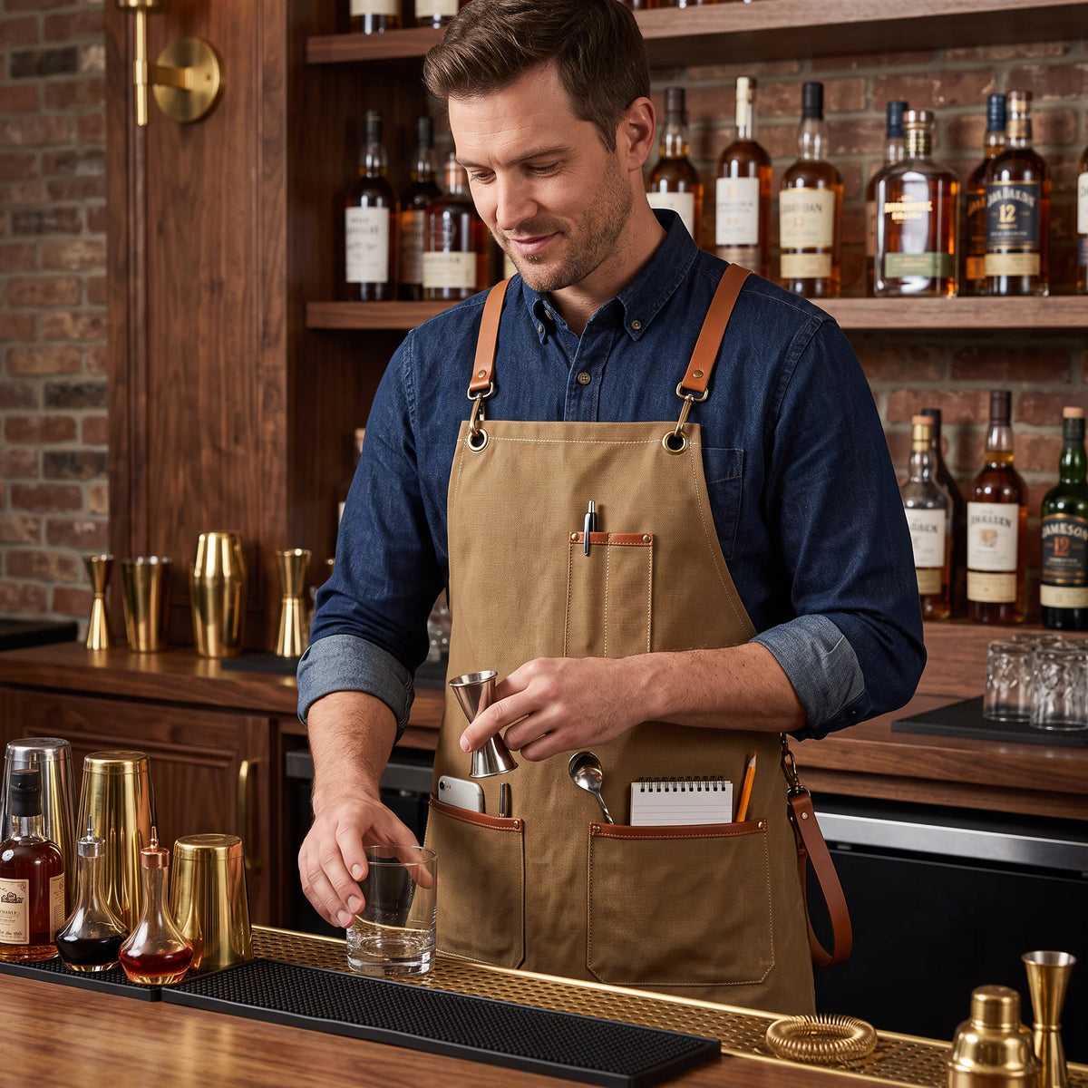 A man wearing a tan leather and canvas apron with brown leather straps stands behind a bar counter, mixing a drink with a jigger and spoon in his pockets. The background features wooden shelves stocked with various liquor bottles.