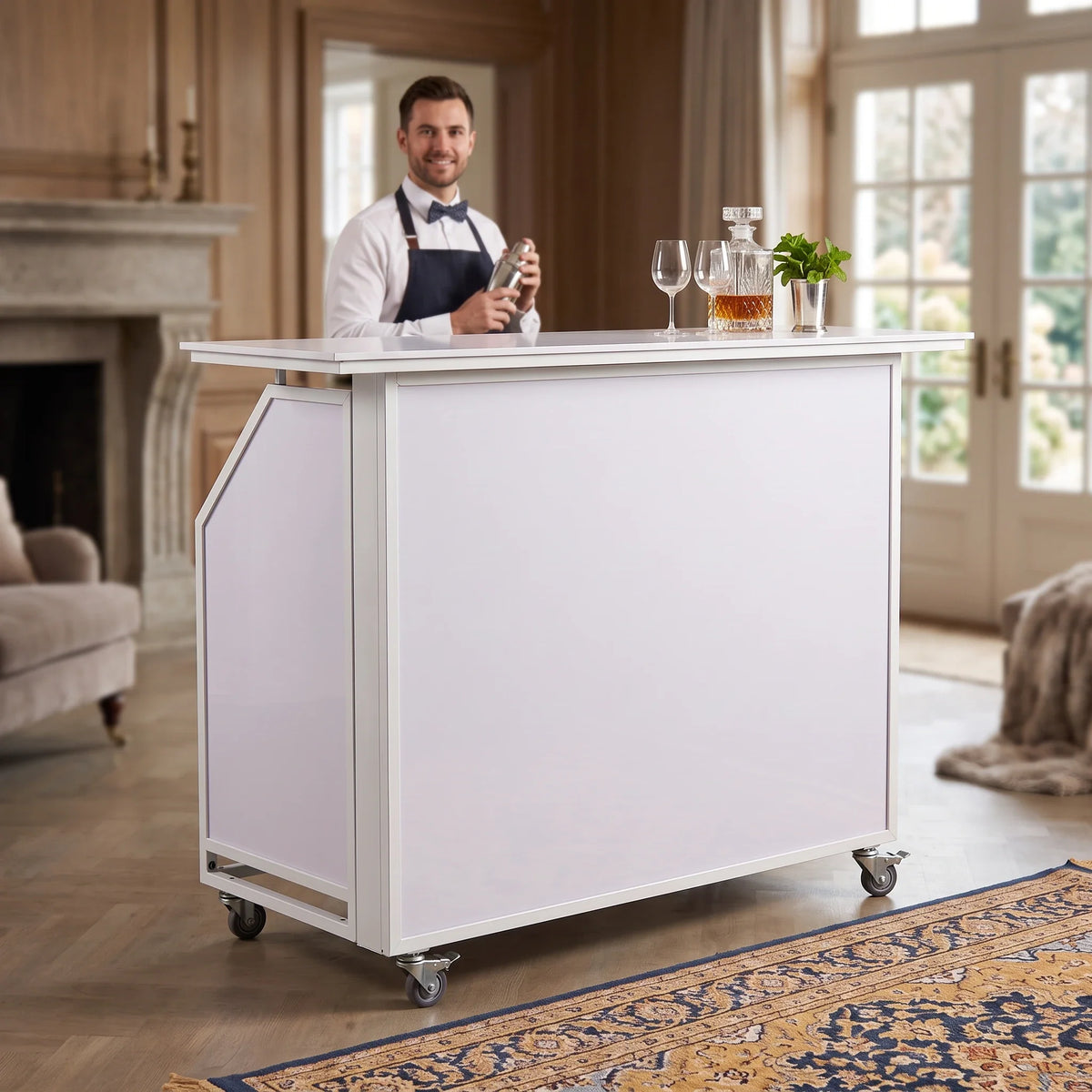 White Premium Mobile Bar set up in a bright living room with a bartender standing behind it.