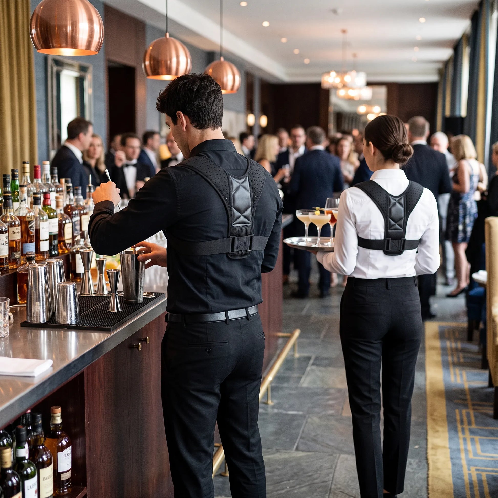 A bartender and a waitress wearing black posture-support harnesses stand at a bar in a busy restaurant or bar setting, with copper pendant lights, bottles, and other staff visible in the background.