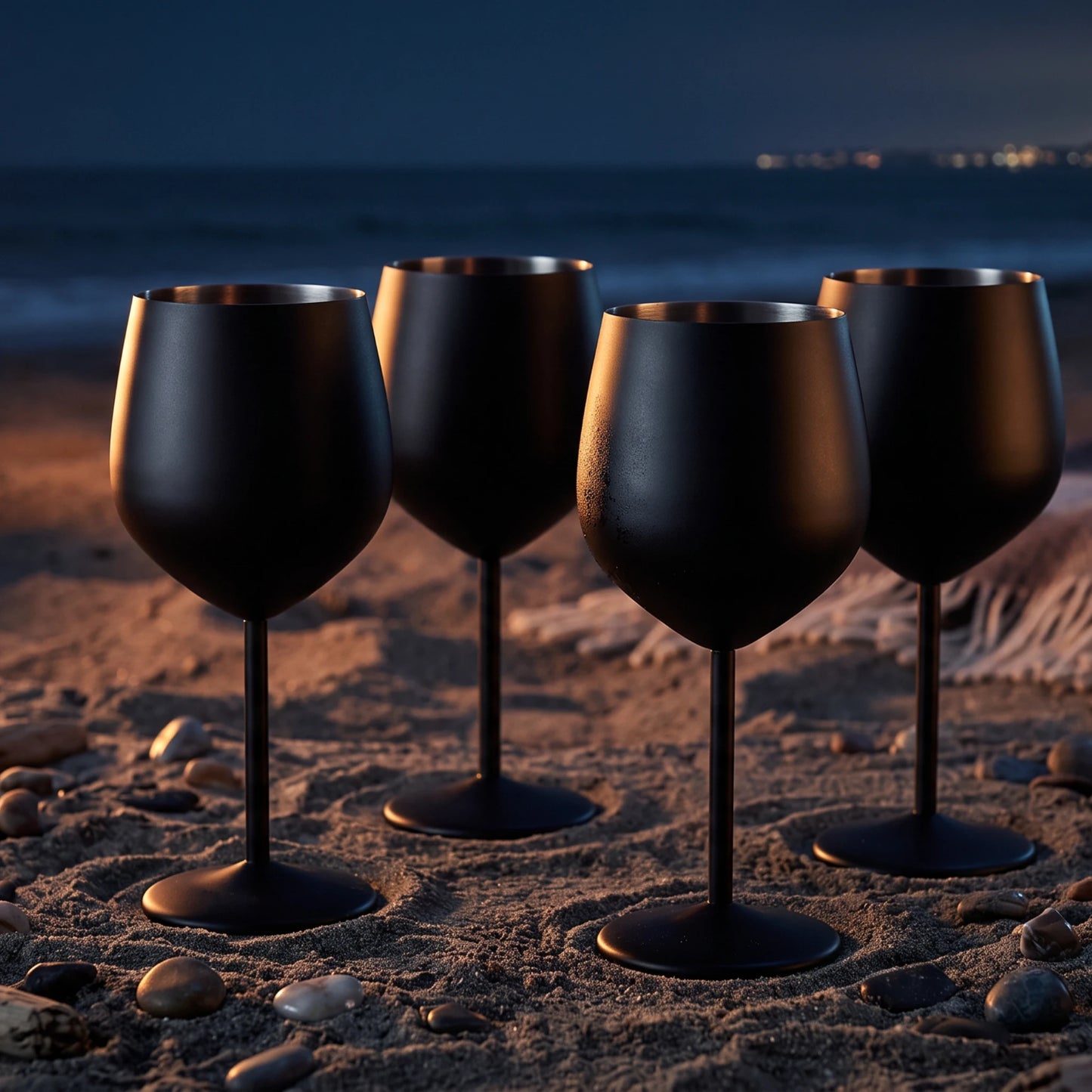 Four matte black wine glasses arranged on a sandy beach at dusk, with the ocean and distant lights in the background.