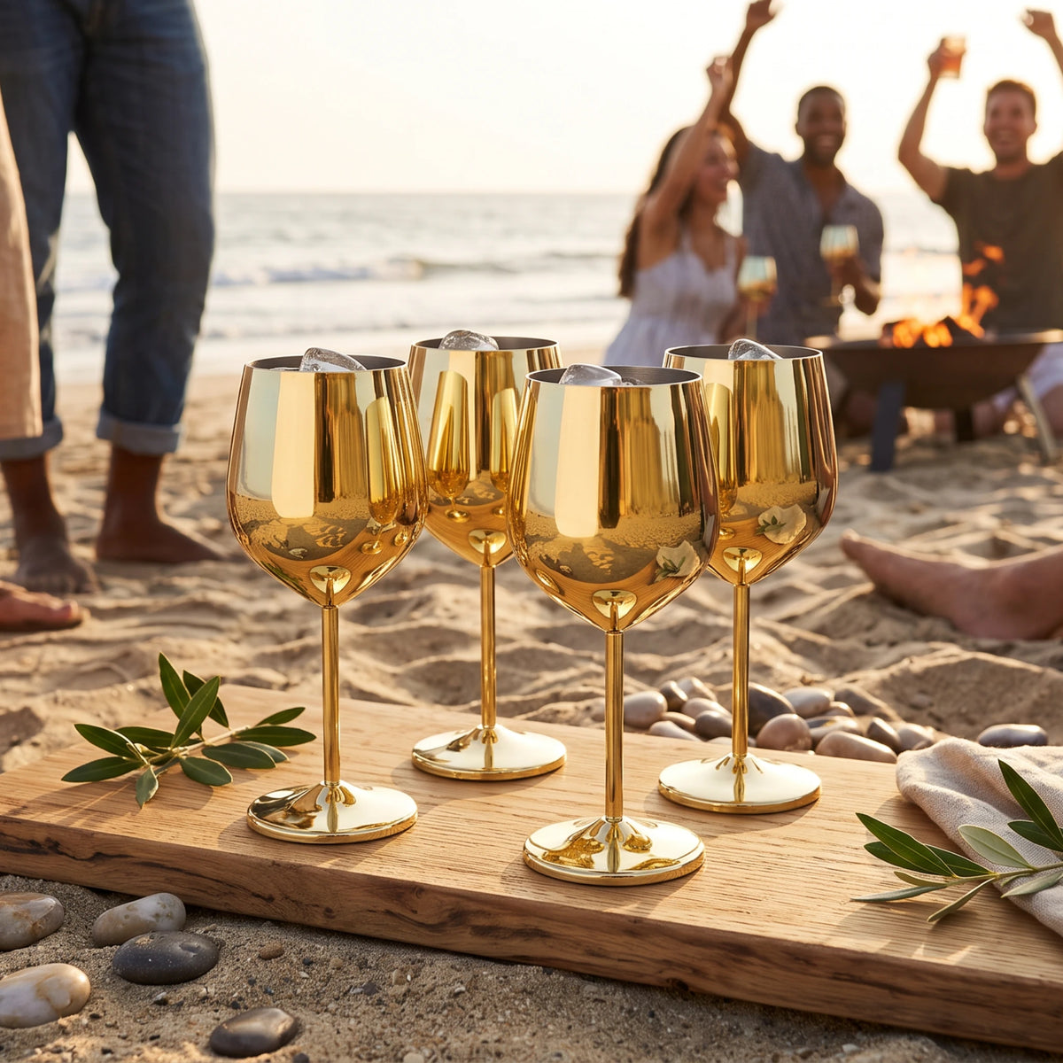 Five shiny gold wine glasses arranged on a wooden board on a sandy beach at sunset, with people and a campfire blurred in the background.