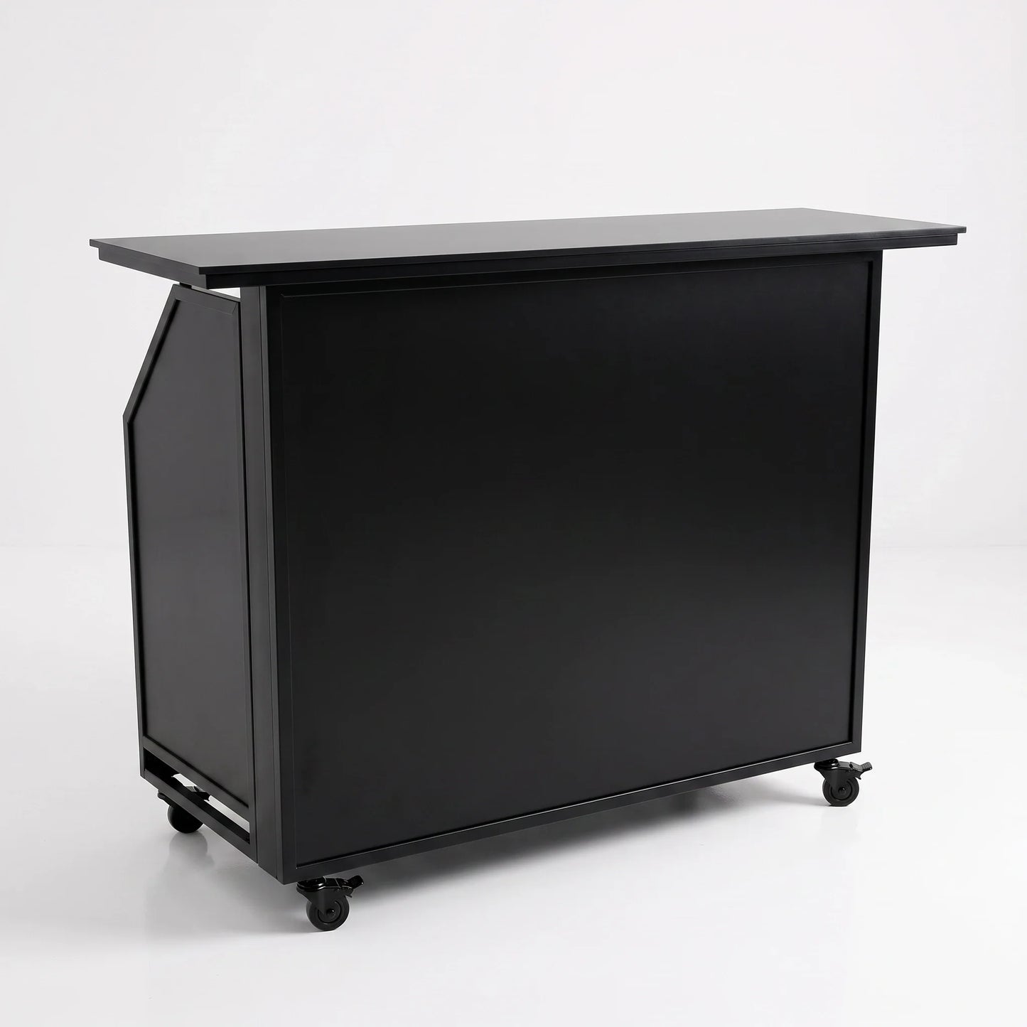 Premium Mobile Bar in black frame with black panels and castor wheels on a white studio background.