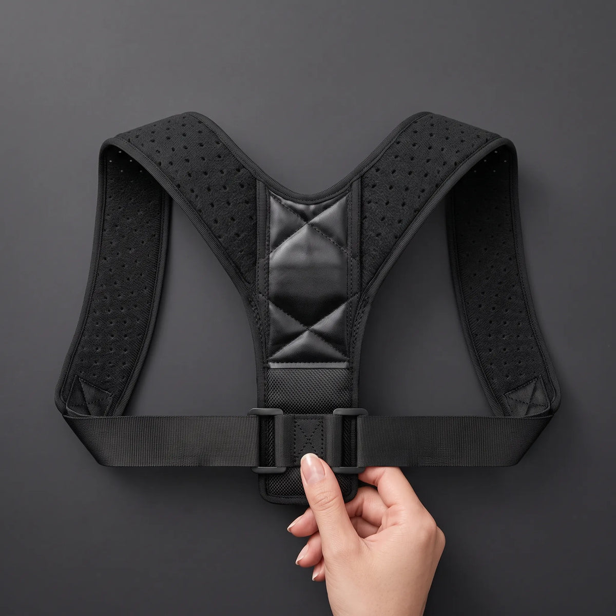 A black posture corrector harness with a hand adjusting the front buckle, shown against a dark gray background.