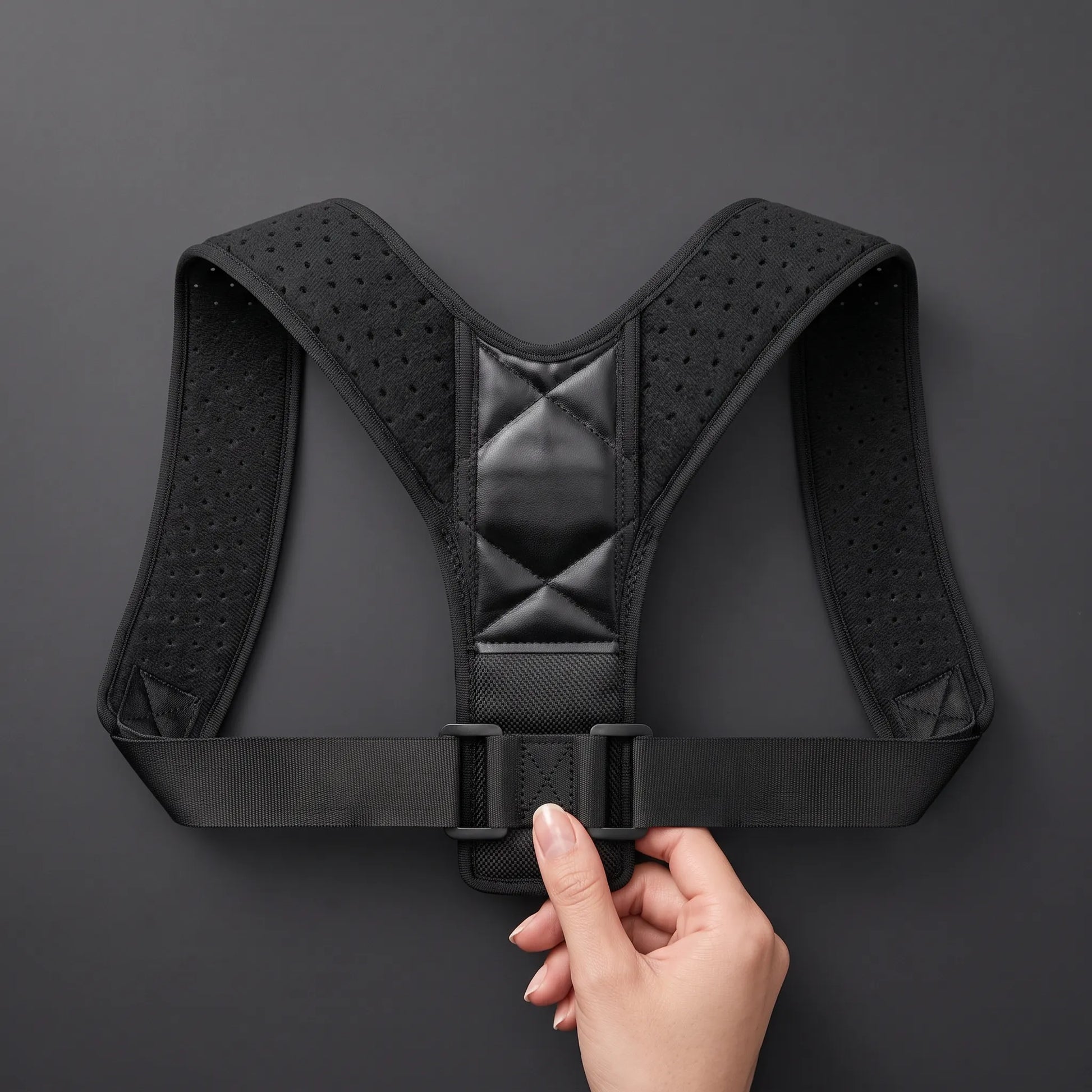 A black posture corrector harness with a hand adjusting the front buckle, shown against a dark gray background.