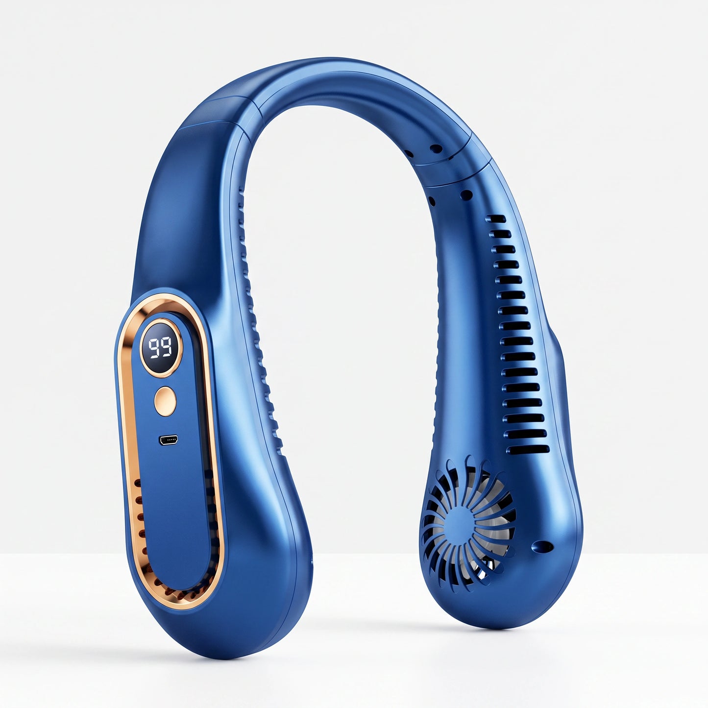 A metallic blue neck fan with a digital temperature display showing 98 degrees on the side, set against a clean white background.