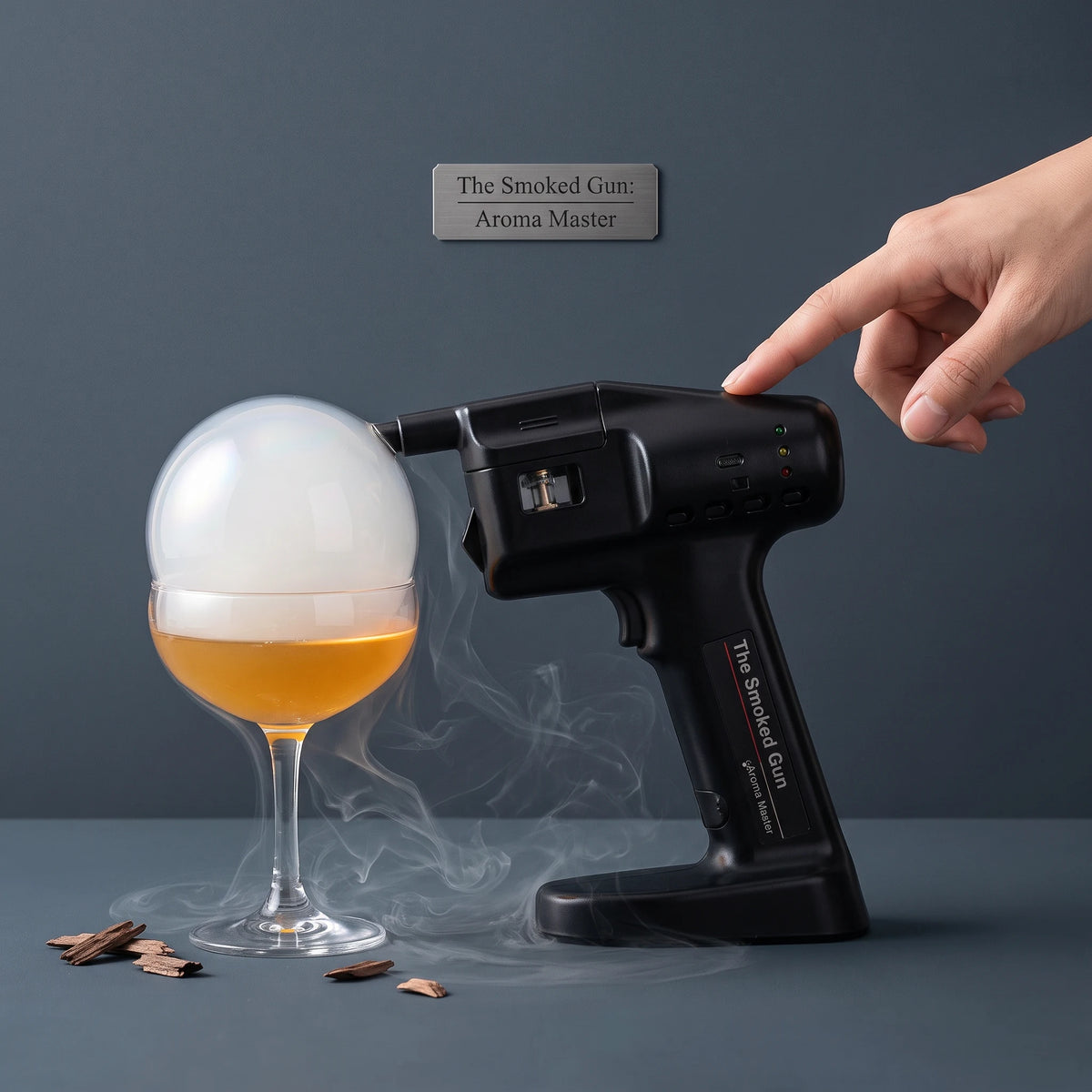A hand points toward a black handheld device labeled 'The Smoked Gun: Aroma Master' while a frosted glass of amber liquid sits beside it with smoke rising. The scene is set against a dark gray studio background with a small sign reading 'The Smoked Gun: Aroma Master'.