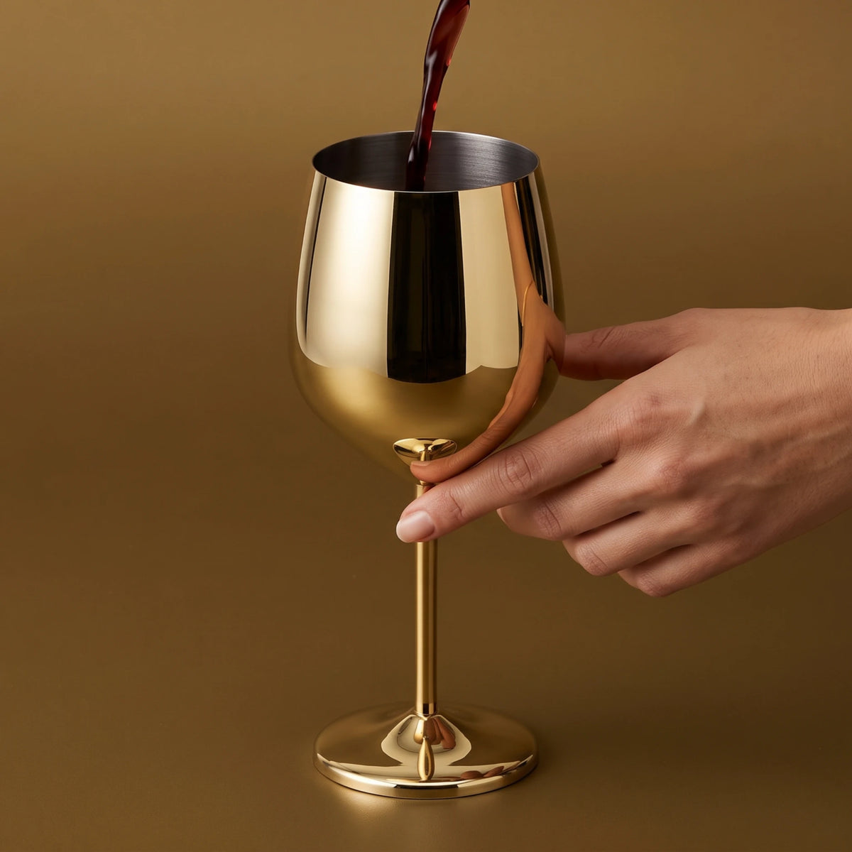 A hand holds a polished gold wine glass against a warm brown background while a dark red liquid is poured into it.