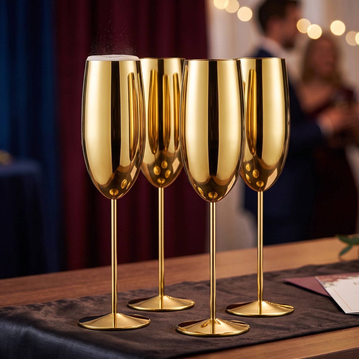 Four shiny gold champagne flutes standing on a dark table runner in a warmly lit indoor setting with blurred people in the background.