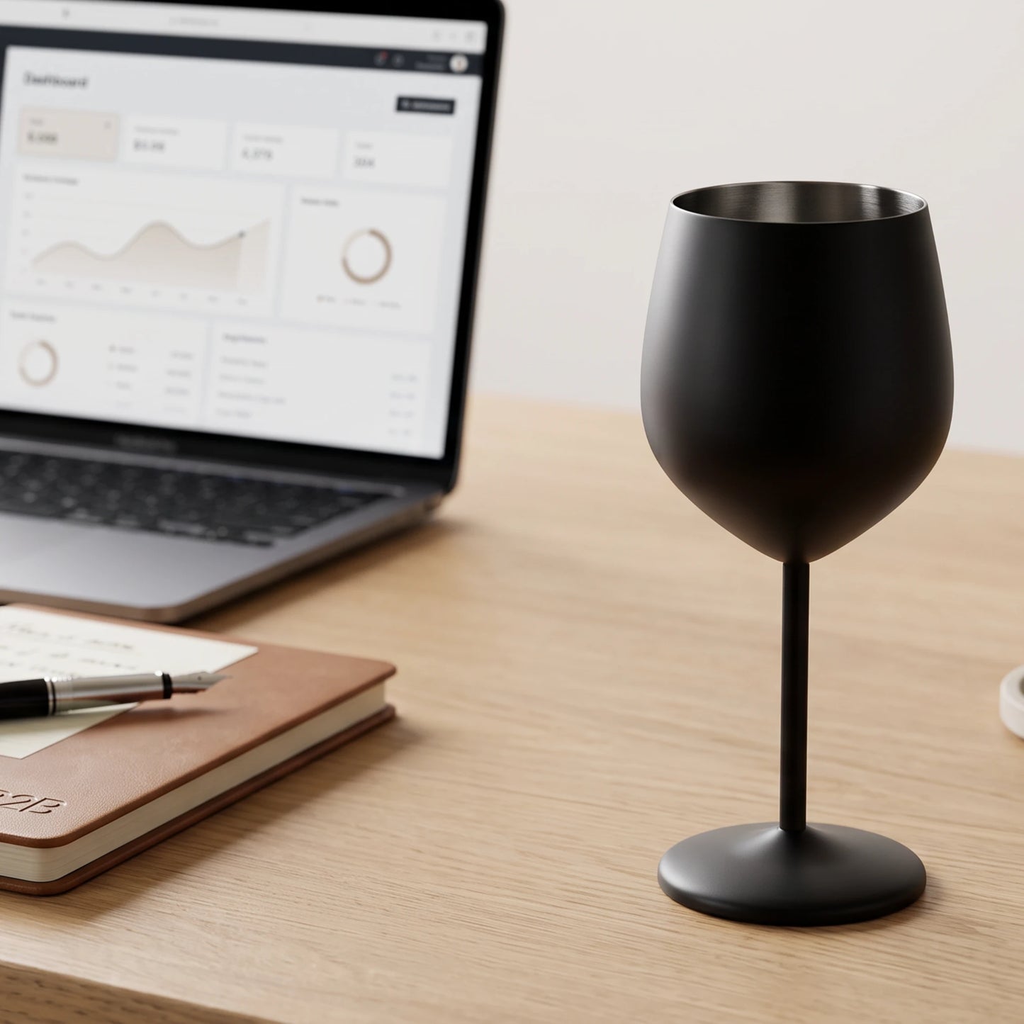 A matte black wine glass-shaped device with a stem and circular base stands on a light wood desk beside a laptop, notebook, pen, small drink, and a round coaster. No person or animal is present, but this is still not a clean isolated studio product shot because a real desk environment and surrounding objects are visible, so subject_type is Lifestyle.