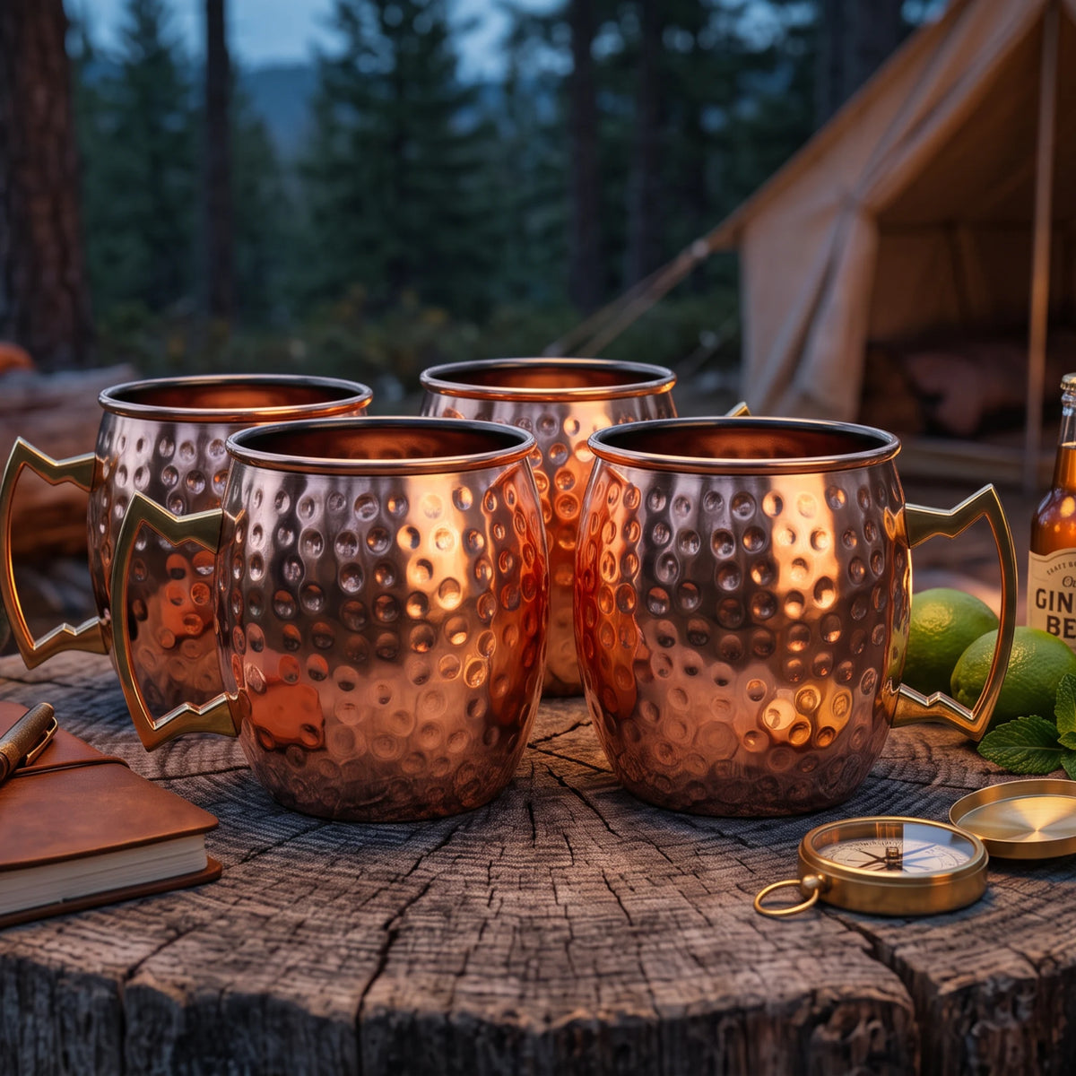 Four hammered copper Moscow mule mugs with gold-toned handles, arranged on a rustic wooden table in an outdoor campsite setting with a tent, trees, limes, and a bottle in the background.
