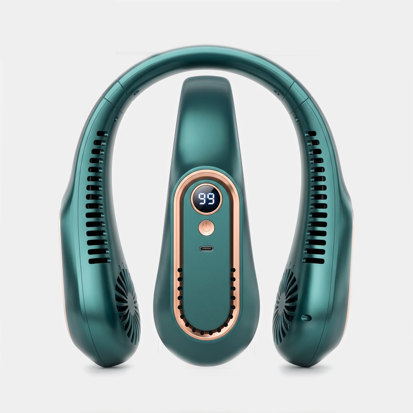 A metallic teal neck fan with a central digital display showing '99' and rose gold trim, photographed on a clean light gray background.