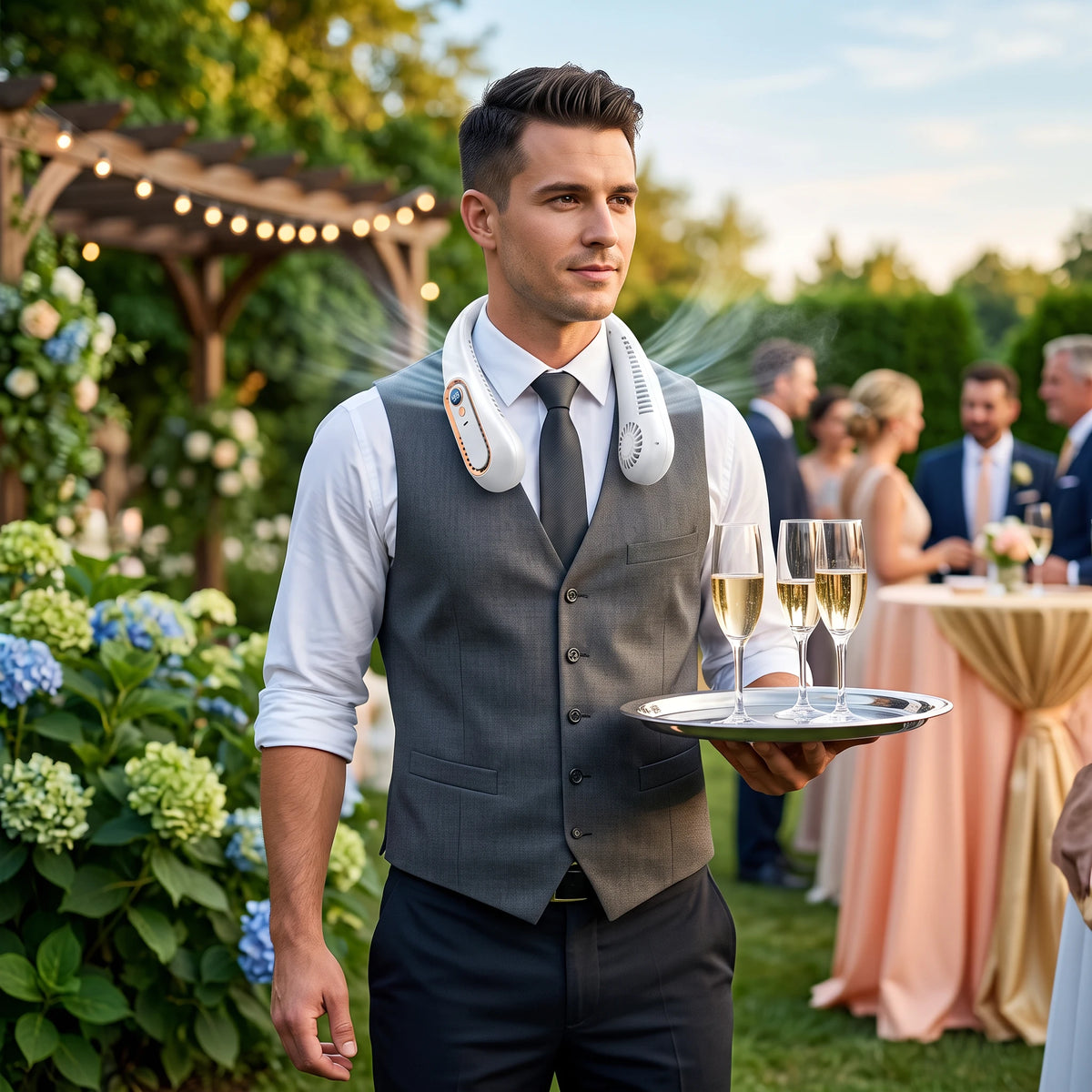 A man in a wedding attire standing outdoors at a garden reception, wearing a white neck cooling fan around his neck while holding a silver tray with two champagne flutes.