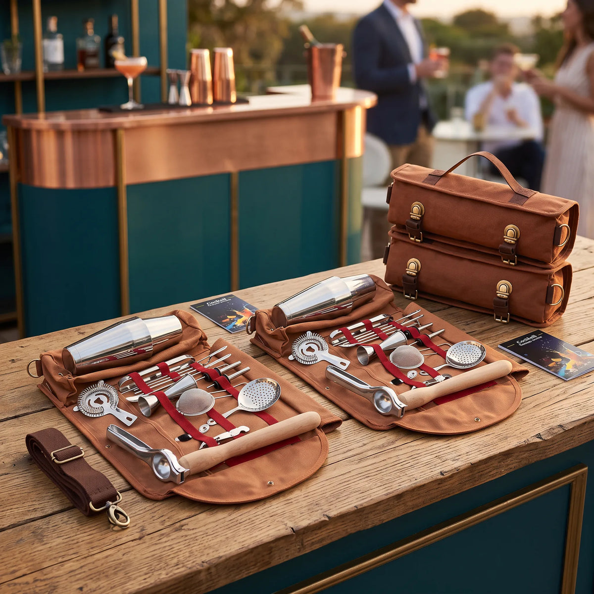 A premium cocktail tool set displayed on a wooden bar counter at an outdoor event. The set includes two open brown canvas tool rolls with stainless steel shakers, strainers, muddlers, and bar tools, a stack of brown leather carrying cases with brass hardware, a brown leather strap, and two small cards.