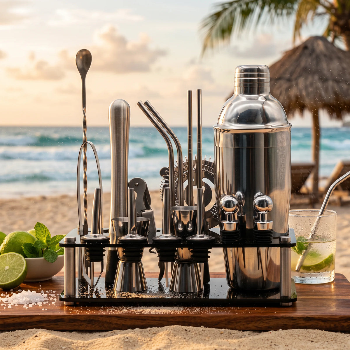 A stainless steel cocktail bar tool set displayed on a beach table, with a shaker, strainers, muddler, and other bar accessories arranged in front of an ocean and palm tree background.