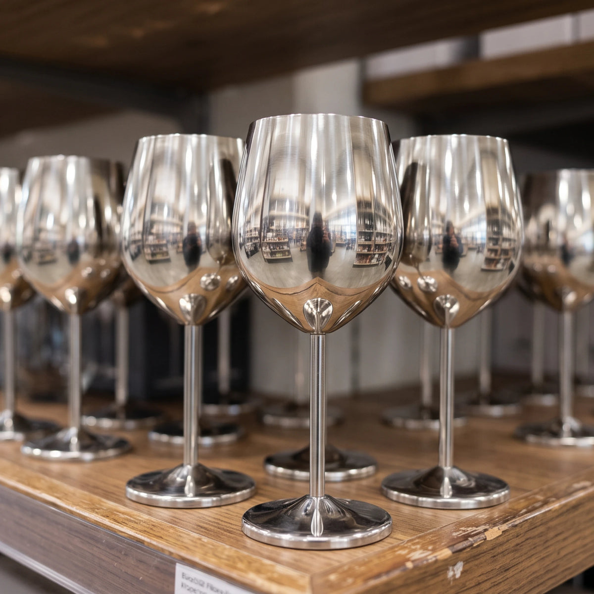 A row of polished silver metal wine glasses with reflective surfaces, displayed on a rustic wooden shelf.