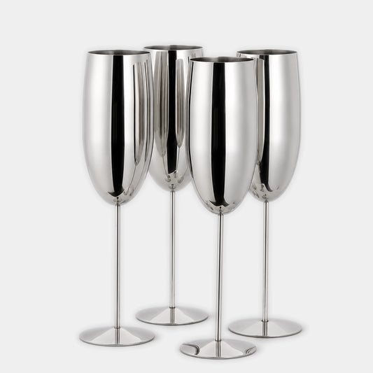 Four modern champagne flutes with a polished silver metallic finish, standing on circular bases against a light gray background.