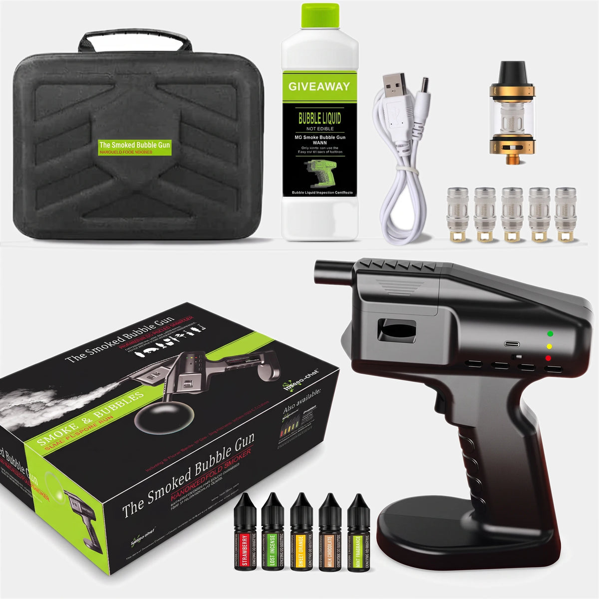 The Smoked Bubble Gun kit including a black handheld bubble gun on a stand, black carrying case, bubble liquid bottle, USB charging cable, replacement mouthpieces, five e-liquid bottles, and the retail box, all arranged on a light gray background.