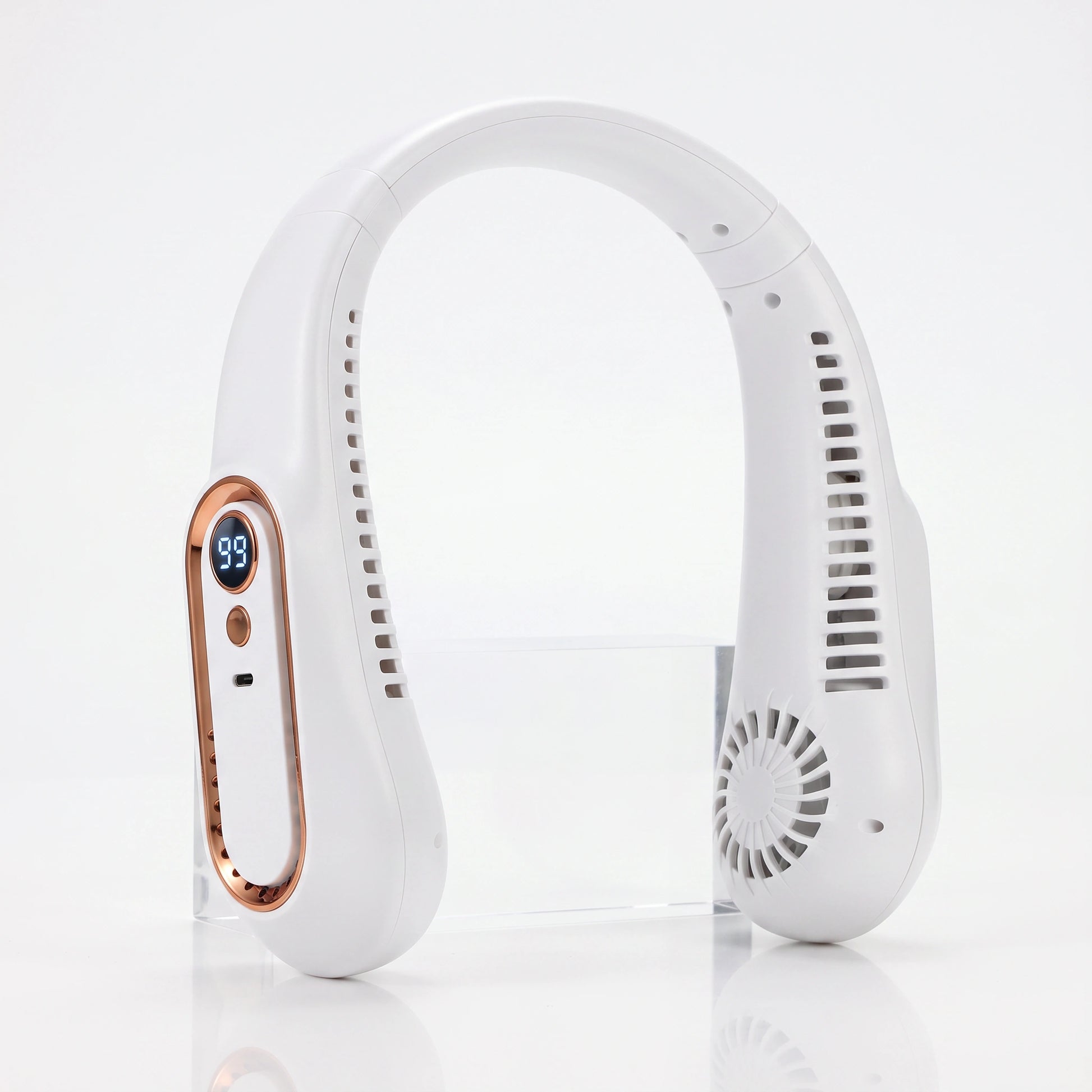 A white neck fan with a copper-colored trim and a digital temperature display, shown on a clean white background with a clear acrylic stand.