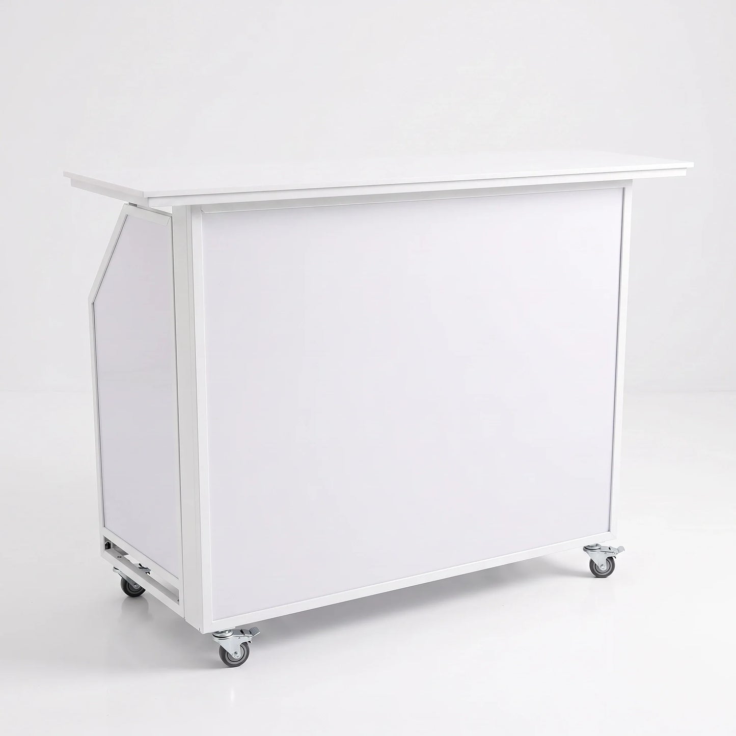 Premium Mobile Bar in white frame with white panels and castor wheels on a white studio background.