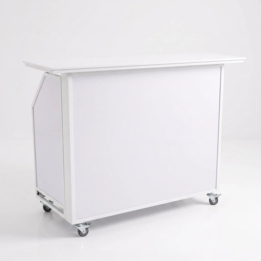 Premium Mobile Bar in white frame with white panels and castor wheels on a white studio background.